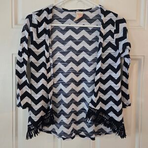 Faded Glory Cardigan Girls Size XL 14/16 Navy Blue & White Open Cardigan Fringe